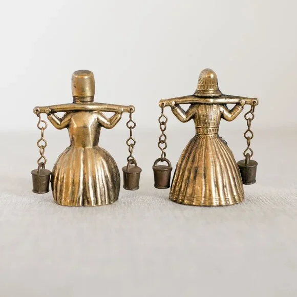 Vintage Brass Bell Water Carrier Figurines Pair Collectible - Picture 2 of 11